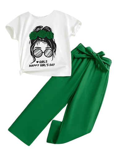 2pcs Girl's Fashion Set T-Shirt + Thin Wide Leg Pants -, Outfit Sets , Drestiny , 10, 11, 12, 7, 8, 9, Australia, Canada, Casual Pants, Casual Shirts, Green, New Zealand, Pant Sets, Short Sleeves, T-Shirts, United Kingdom, United States, White , Drestiny , www.shopdrestiny.com